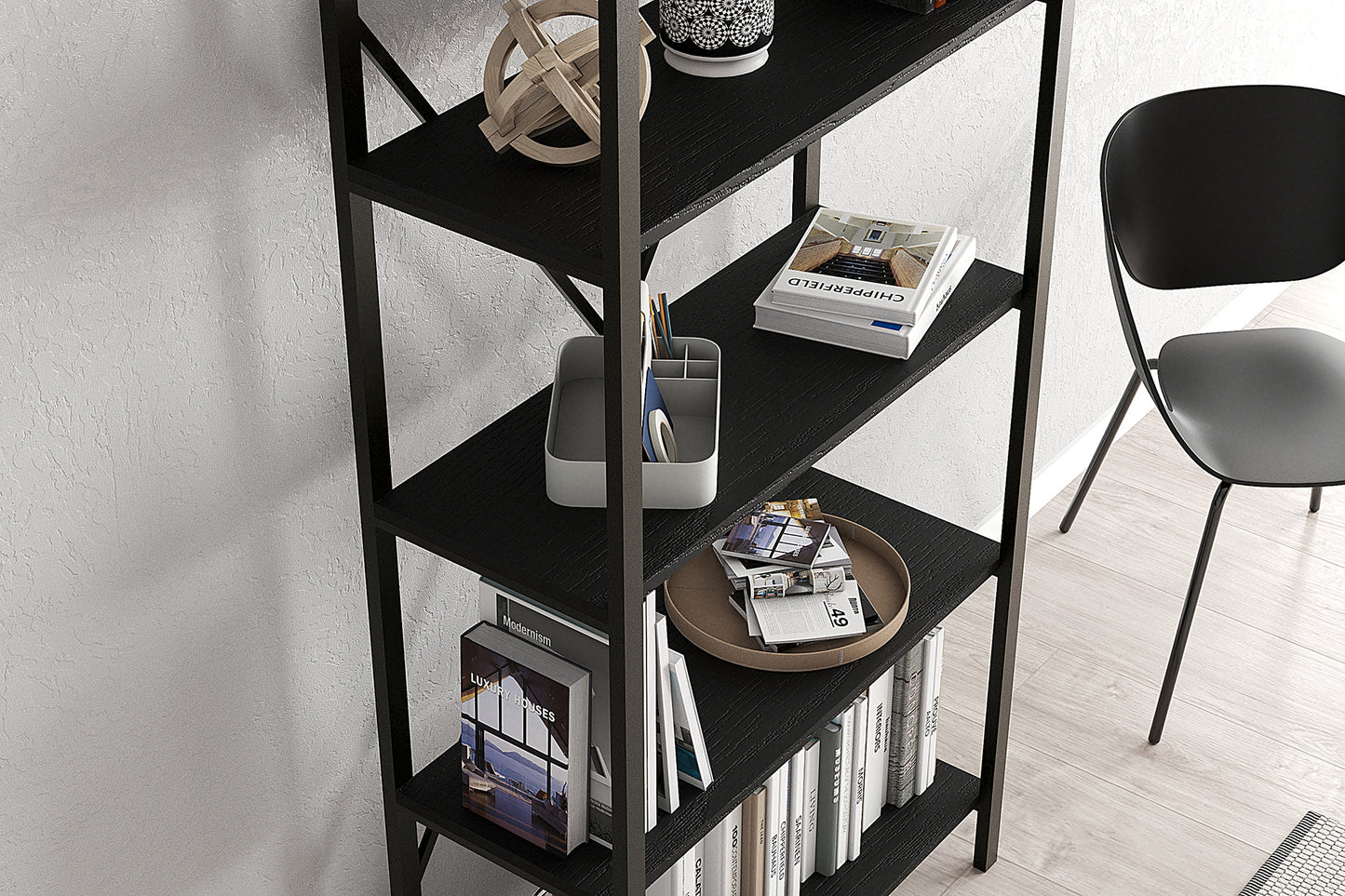 Lugo Black 5 Shelf Industrial / Modern Design Bookcase - Black