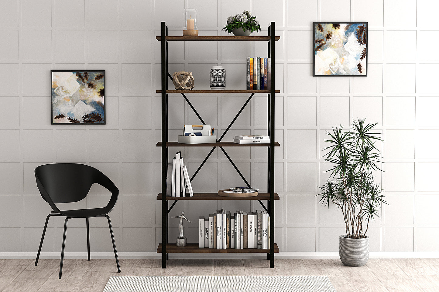 Lugo Walnut 5 Shelf Industrial / Modern Design Bookcase