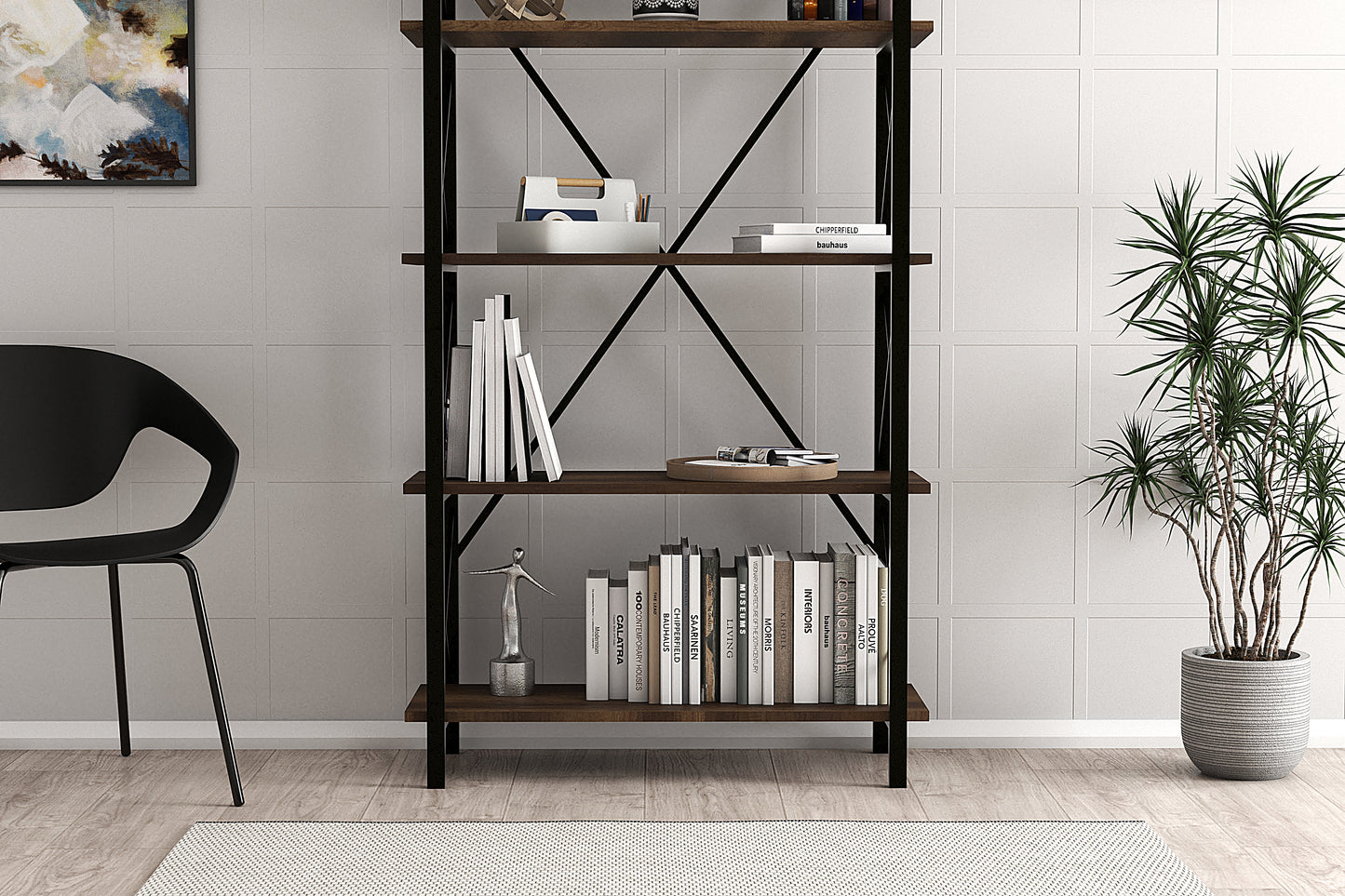 Lugo Walnut 5 Shelf Industrial / Modern Design Bookcase