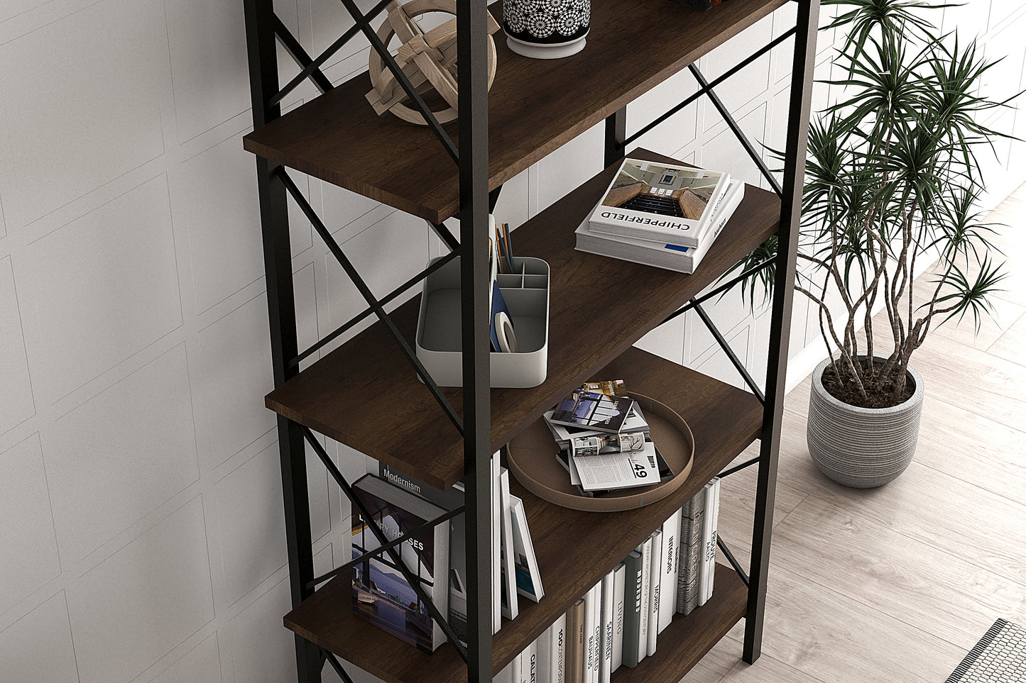 Lugo Walnut 5 Shelf Industrial / Modern Design Bookcase