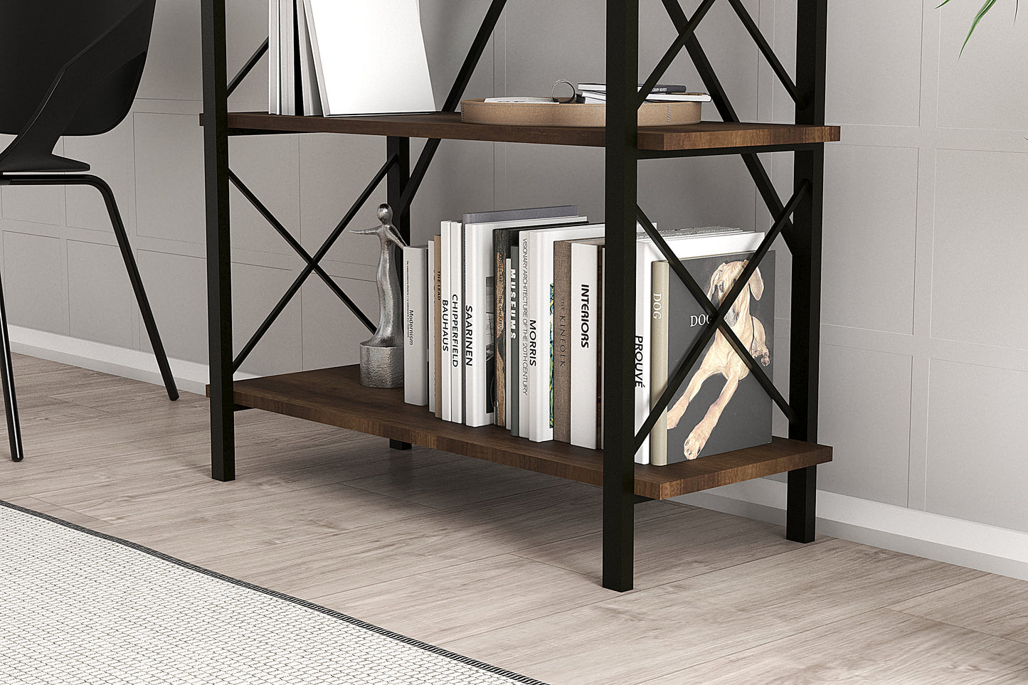 Lugo Walnut 5 Shelf Industrial / Modern Design Bookcase