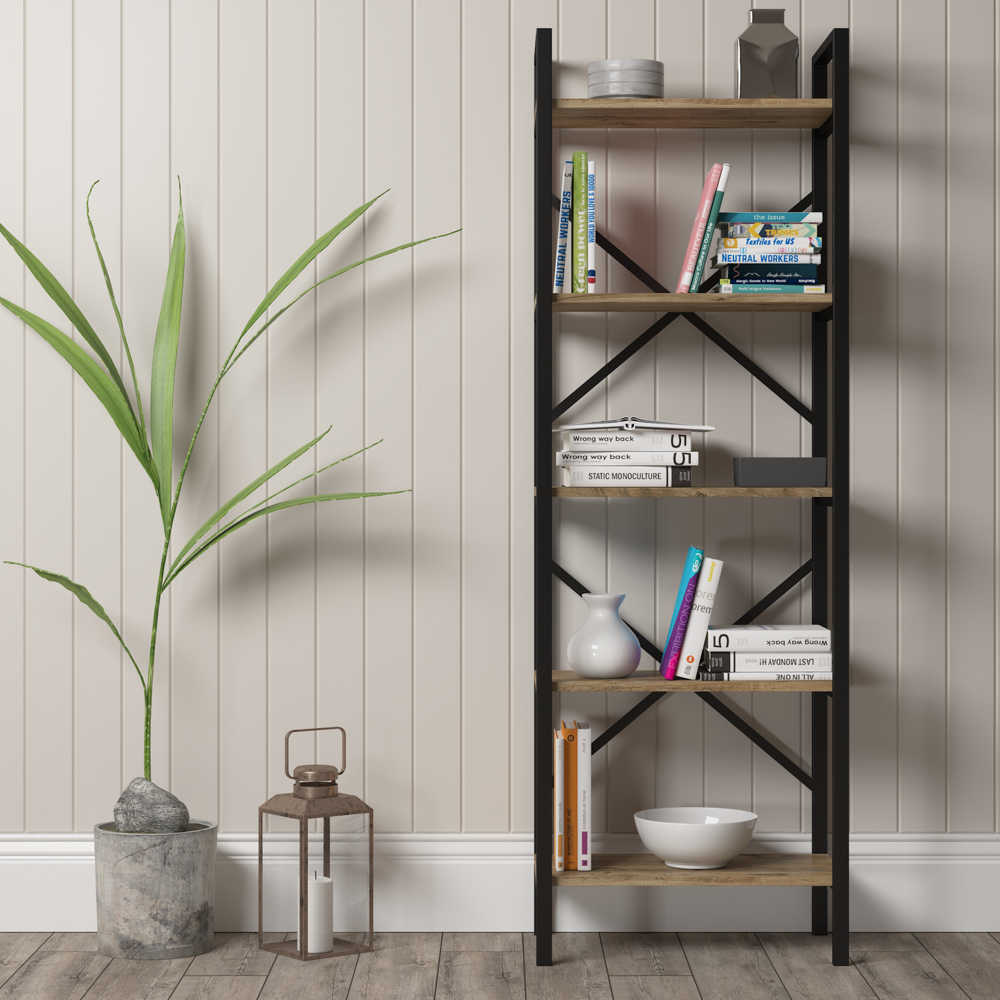 Athena Atlantic Pine Narrow 5 Shelf Industrial / Modern Design Bookcase