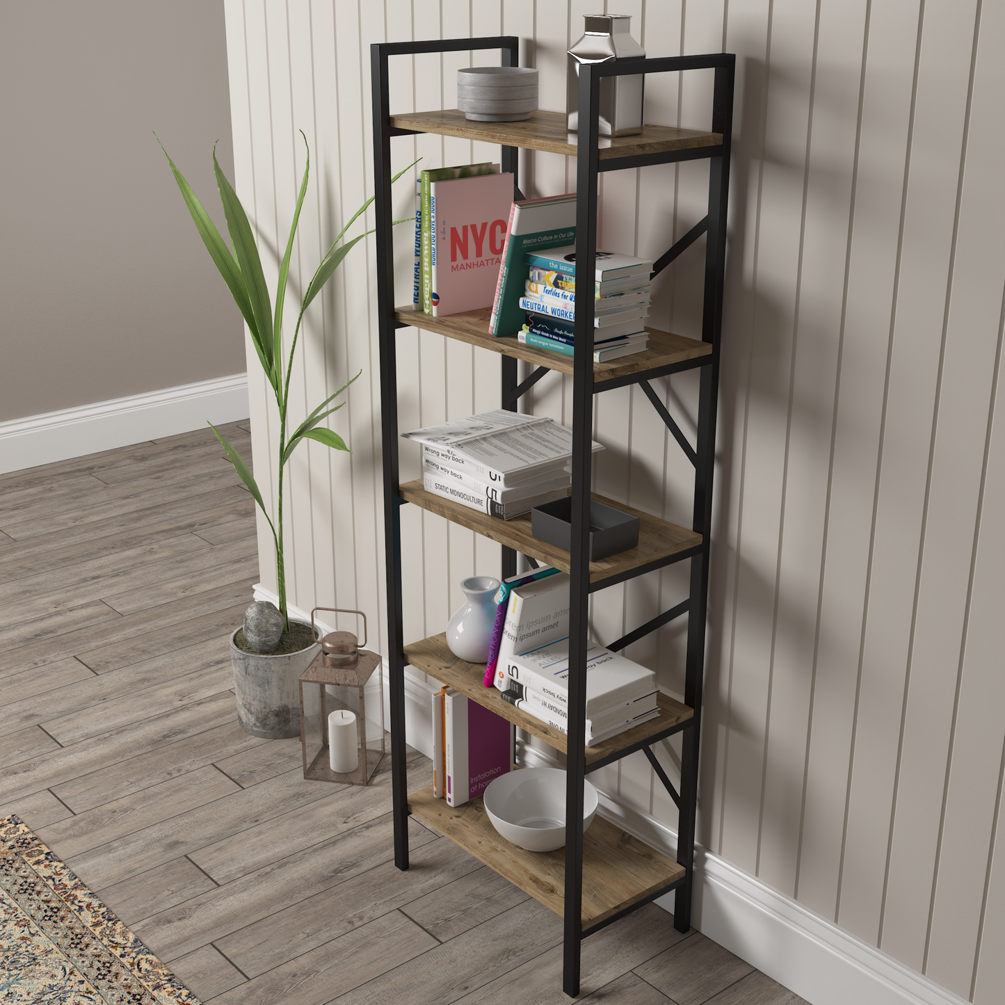 Athena Atlantic Pine Narrow 5 Shelf Industrial / Modern Design Bookcase