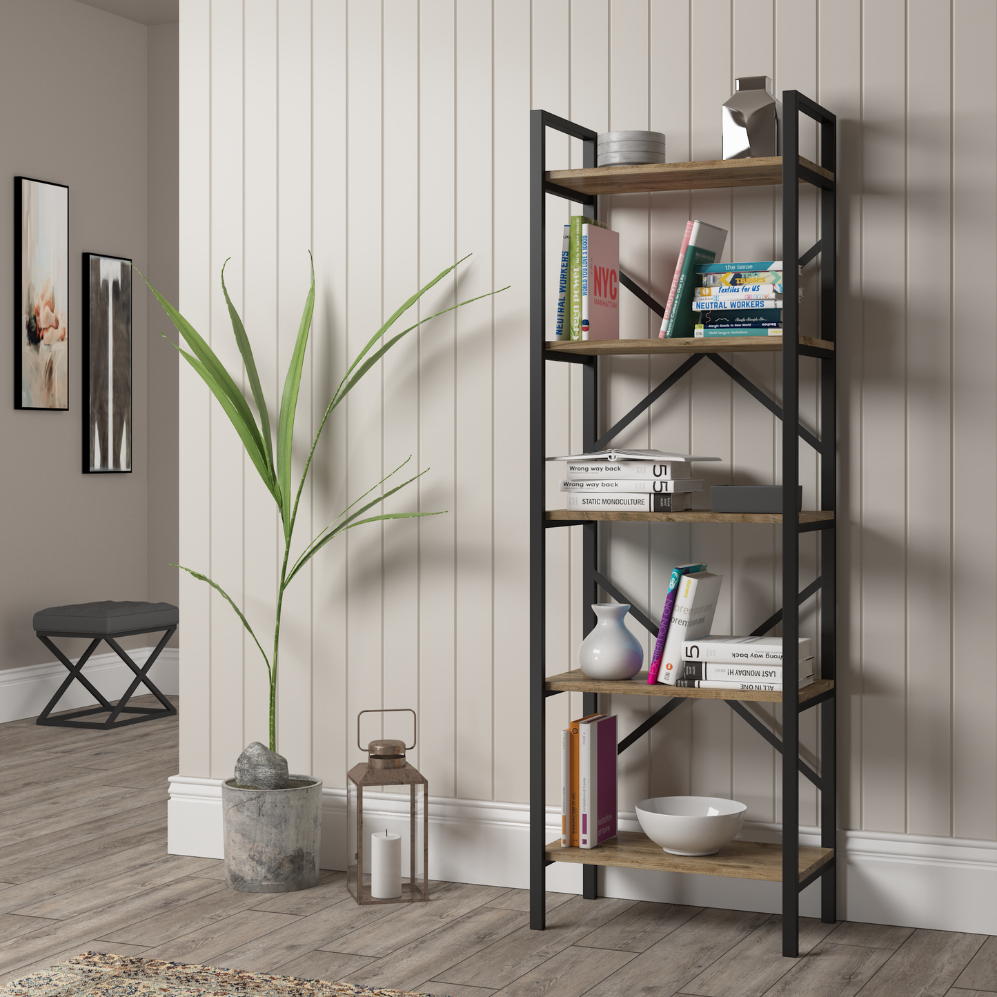 Athena Atlantic Pine Narrow 5 Shelf Industrial / Modern Design Bookcase