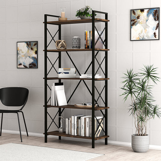 Lugo Walnut 5 Shelf Industrial / Modern Design Bookcase